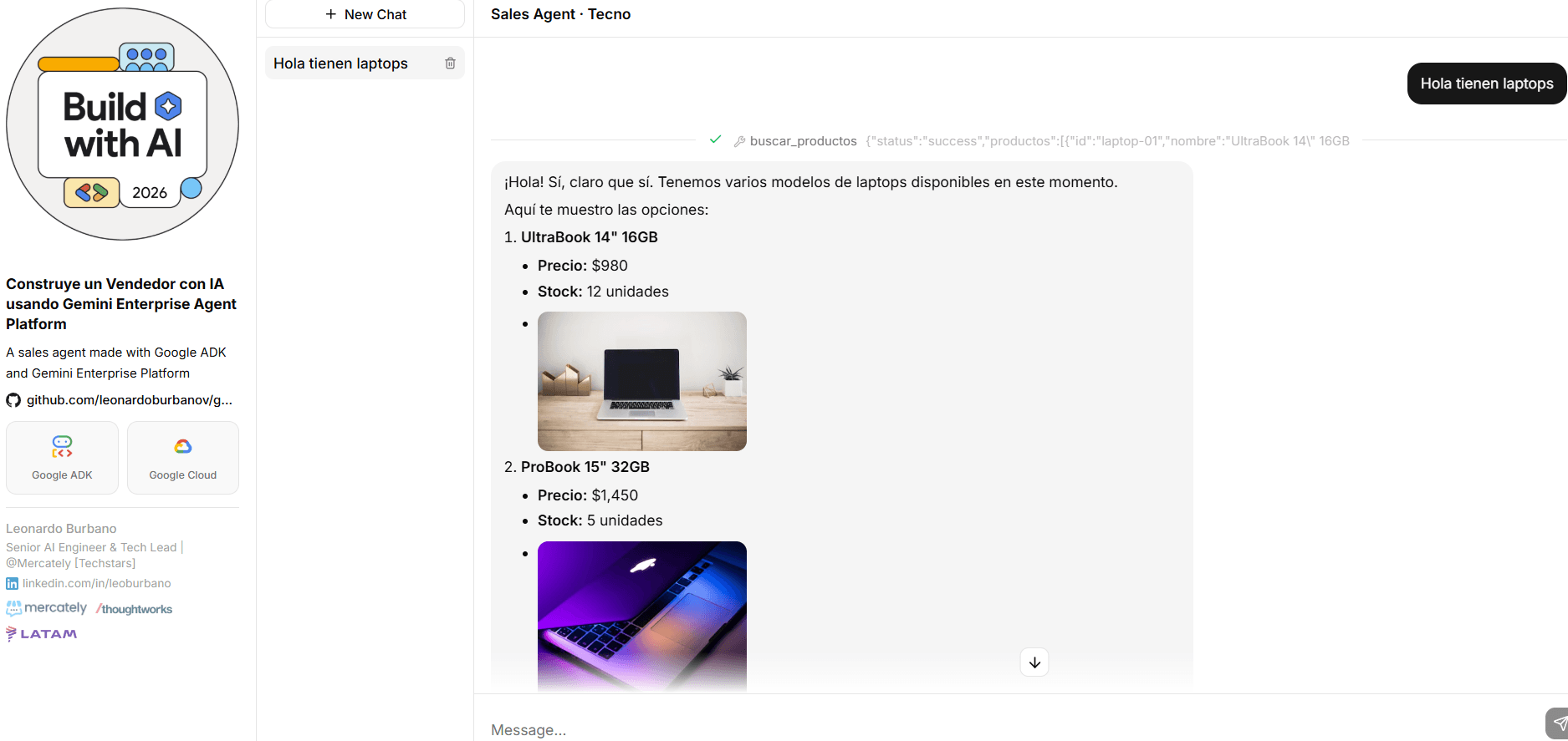 Sales Agent Tecno screenshot answering a laptop query with products and prices