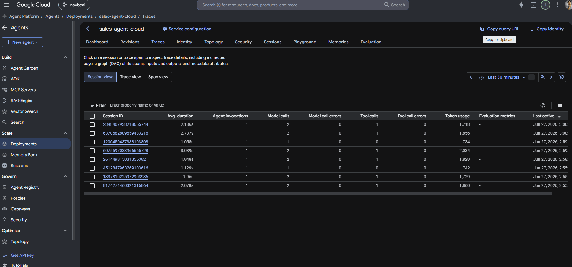 Google Cloud Console showing traces and session metrics for the deployed agent