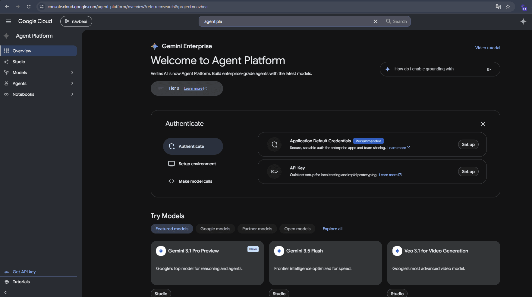 Google Cloud Console screenshot showing the Agent Platform welcome page