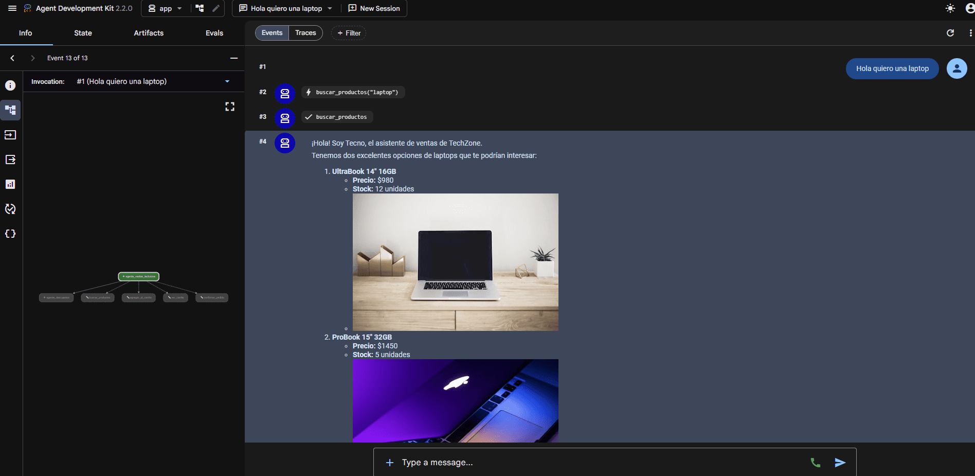 Agent Development Kit screenshot showing a laptop query with product results and events