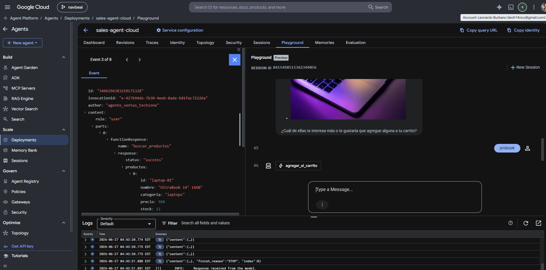 sales-agent-cloud playground in Google Cloud with a laptop product query
